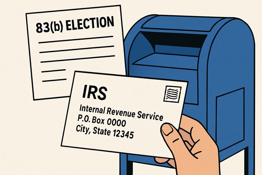 Illustration of 83(b) election form being mailed to the IRS Illustration of 83(b) election form being mailed to the IRS